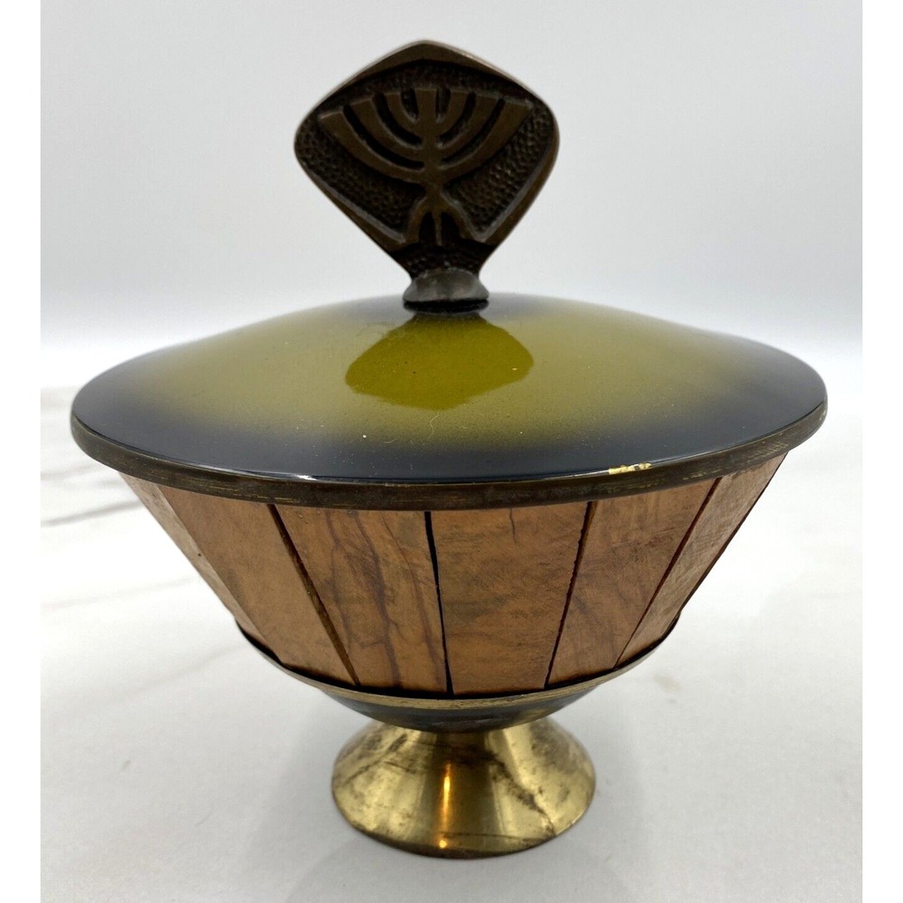 Vintage Enamel Wood Brass Pedestal Bowl Lid Menorah Finial Green MCM Israeli